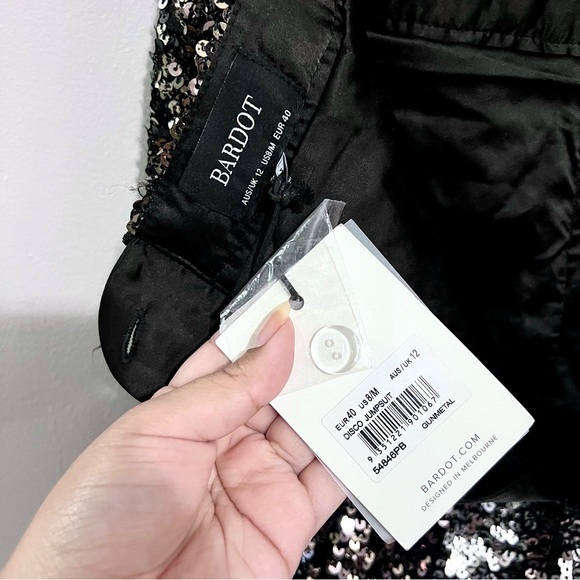 NWT Bardot Disco Barbie Silver, Champagne Gold, & Midnight Black Sequin Jumpsuit - Picture 14 of 16